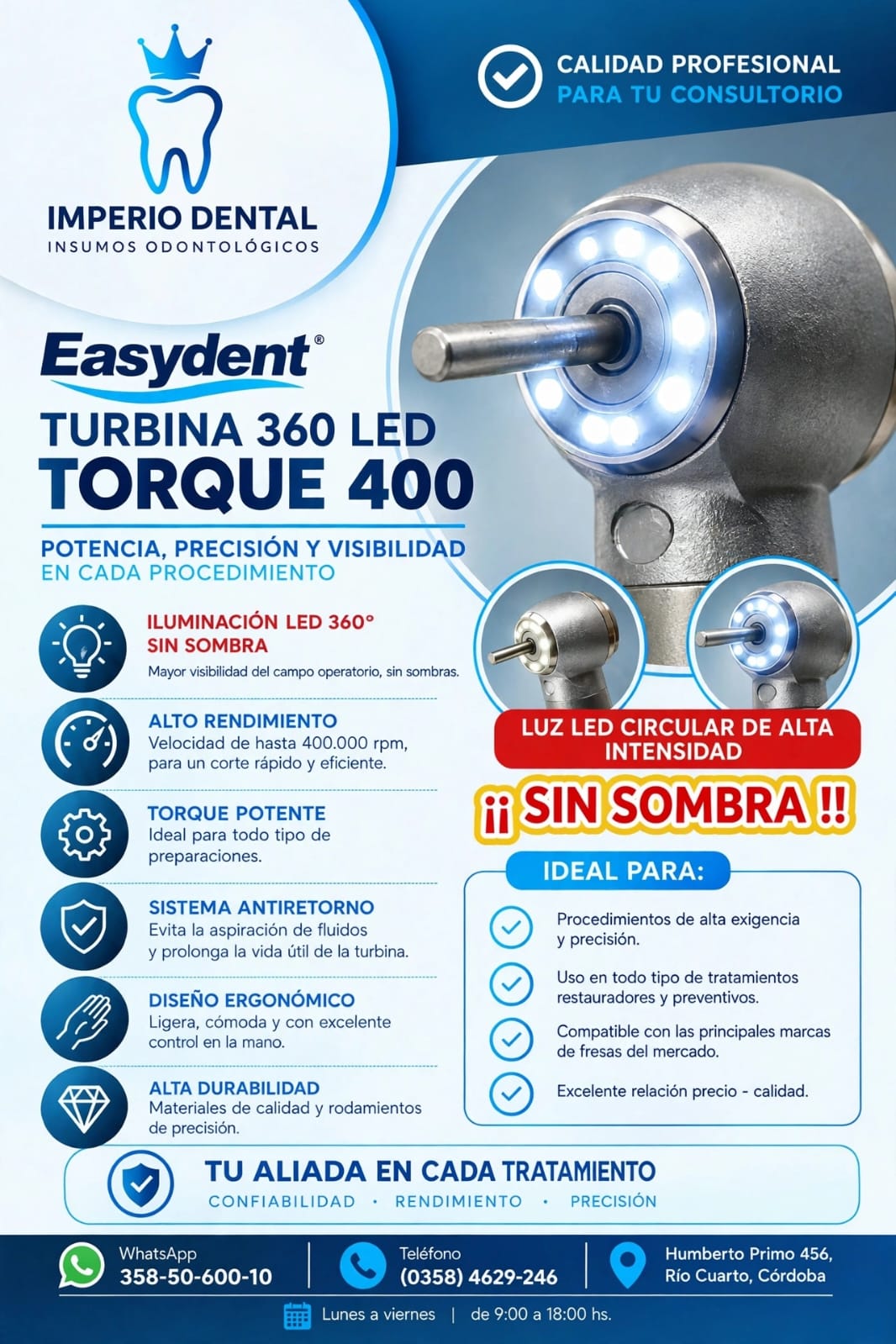 TURBINA CON LUZ LED 360° SIN SOMBAS EASYDENT
